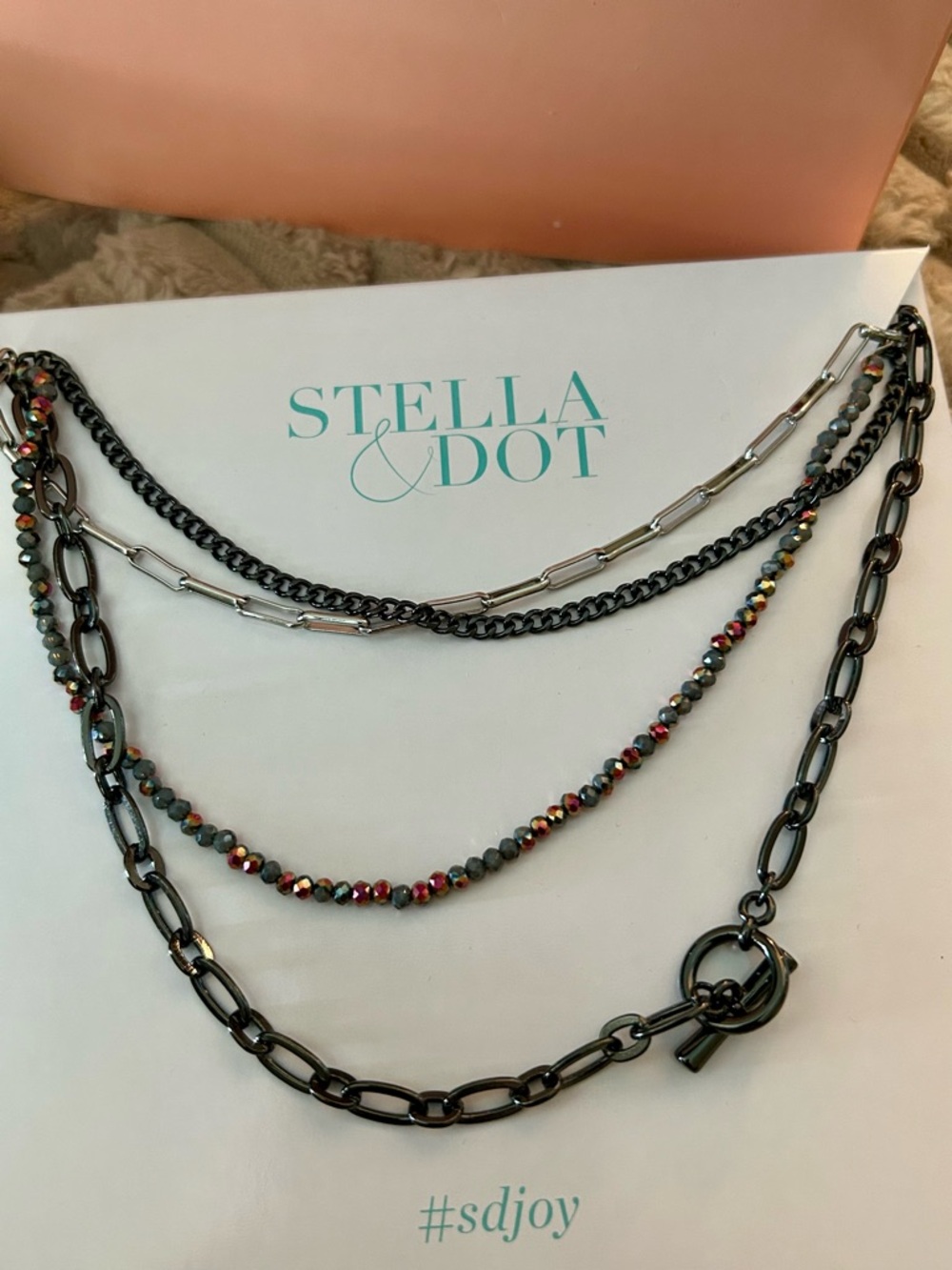Stella & Dot Layered Gunmetal Necklace with Multicolored Beads and Silver